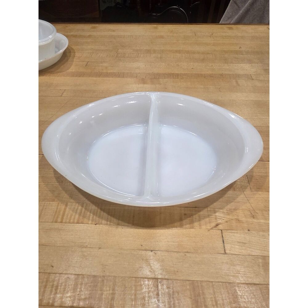 Vintage Glasbake White Milk Glass Oval Divided Serving Casserole Dish 12 Inch